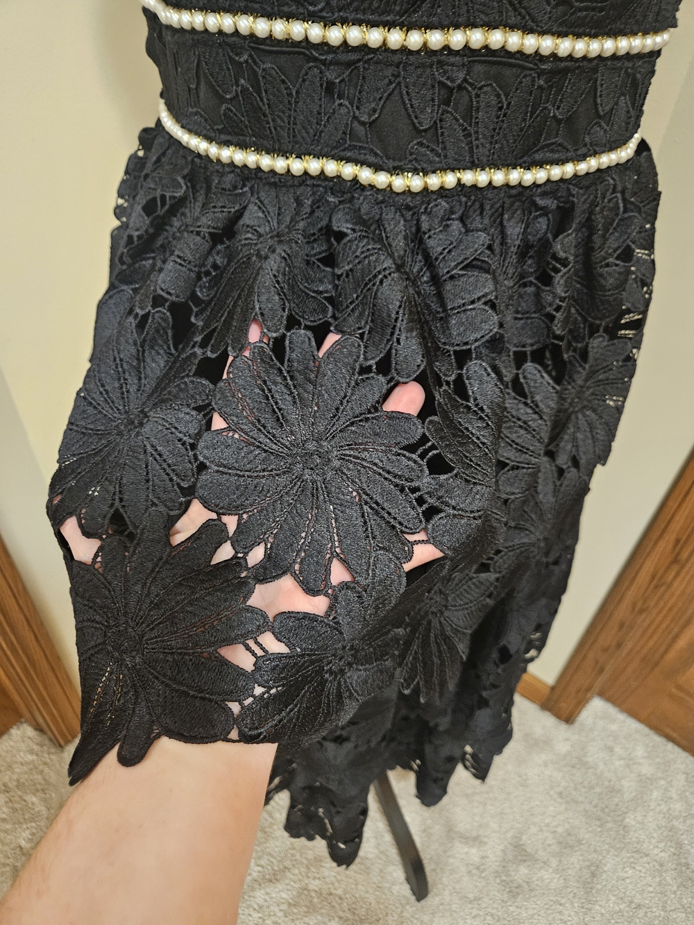 Gothic Like Heavy Black Floral Lace Dress Pearl Waist Trim Tiered Sz.  Large - Picture 6 of 12
